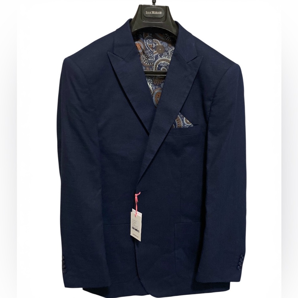 42R Isaac Mizrahi Men's TR Blazer Navy Blue Paisley Accents Linen Blend Jacket